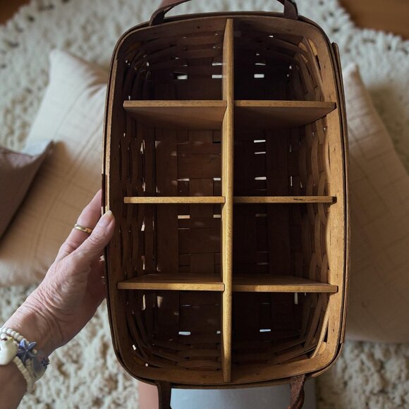 Longaberger Divided Organizer Basket w/ WoodCrafts 6-Section Insert, Leather Han - Picture 7 of 10